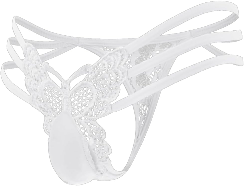 ChiaoLezhee Mens Sexy Butterfly Thong Lingerie, Sissy Floral Lace, Girly String Panties, Low Rise Femboy Underwear