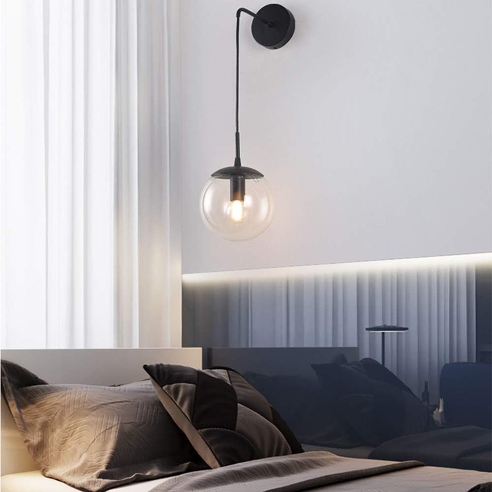 Get Special Price H XD GLOBAL Industrial Vintage Loft Bar 20cm Globe Drop Wall Lighting Fixture Bedroom Corridor Sconce Light Retro Gray Glass Sphere Wall Lamp (20cm, Black Metal, Gray)