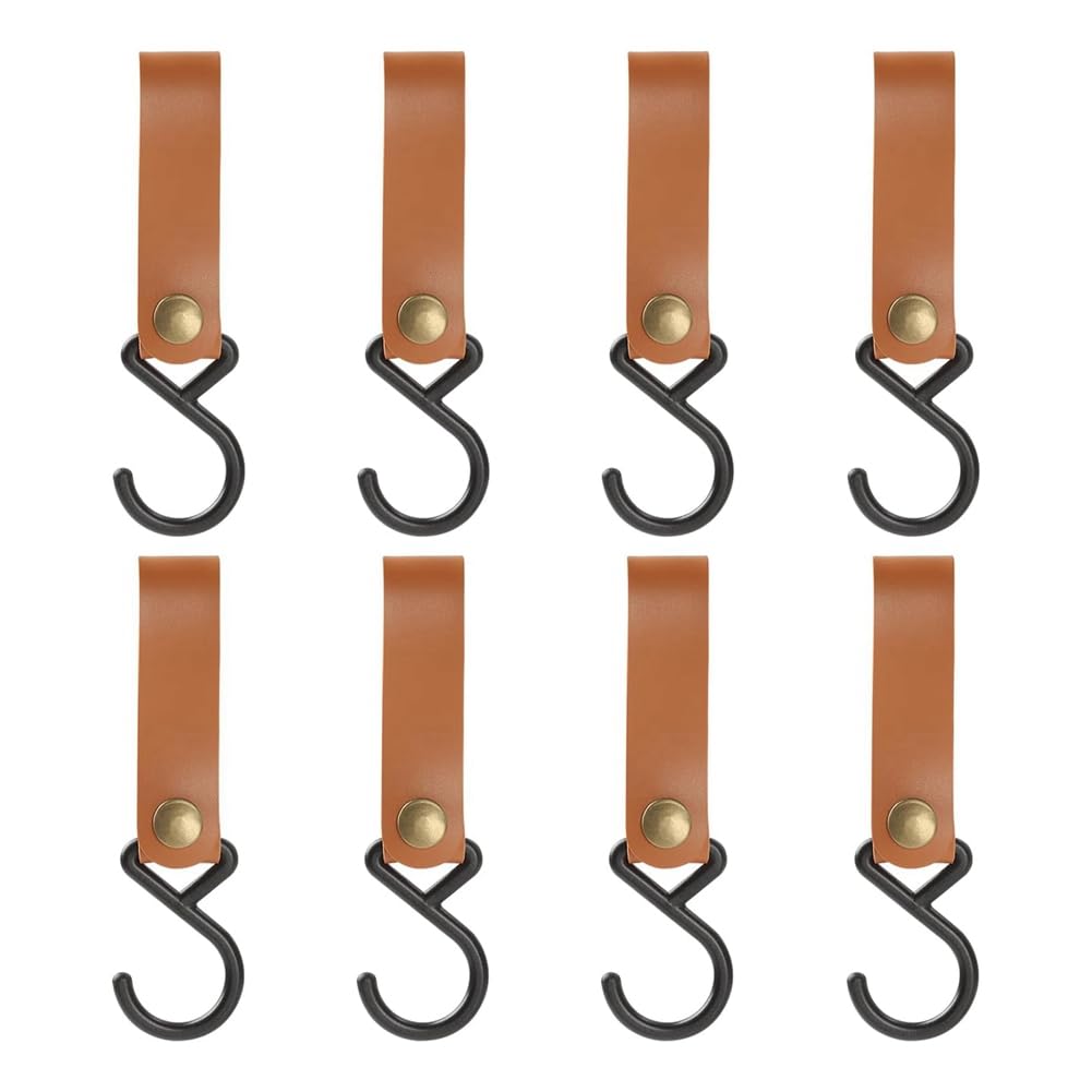 CTRLZS 8 Pcs Leather Hook S Shaped Hooks Coat Hook for Hanging, Camping Hook Hanger Hooks (Brown)