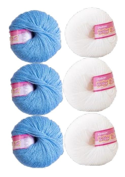 Image of Vardhman BabySoft Knitting Yarn | 100% Acrylic Wool | 4 Ply | Thin Knitting & Crocheting Hook Thread & Lightweight | Special Baby Wool | 150 Grams (6 Balls of 25g) | Machine Washable | Ideal for Blankets, Hats, Booties Ultra-Soft for Baby Sweaters, Blankets, Caps, Socks, Soft toys, Art & craft (Steel Blue No.78 & White No.18)