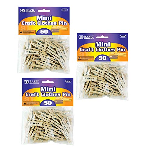 BAZIC Mini, Natural Clothespins, Wood, 50 Per Pack(Pack of 3)