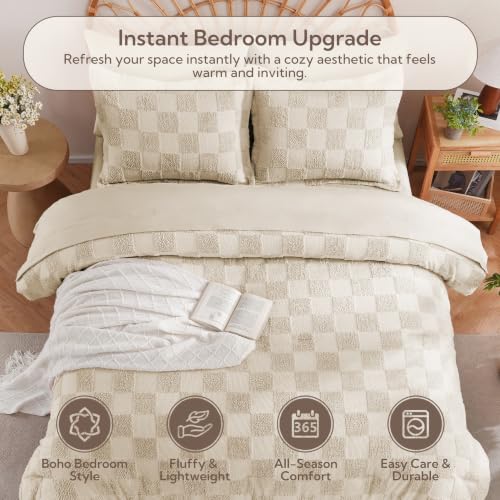 Image of MR&HM King Size Comforter Set 7 Pieces, Checkered Boho Tufted Bed Set Beige | Farmhouse Vintage Bed with Plaid Geometric Design, All-Season Bed in A Bag Comforter with Sheets, Pillow Shams & Pillowcases