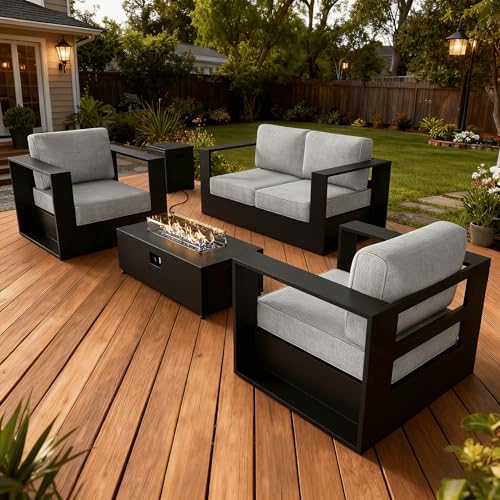 Image of LayinSun Oversized Aluminum Outdoor Furniture Set, 4 Piece Patio Sofa Sets with Fire Pit Table, Deep Seating and Upgraded 6-inch Cushions for Porch, Balcony, Deck