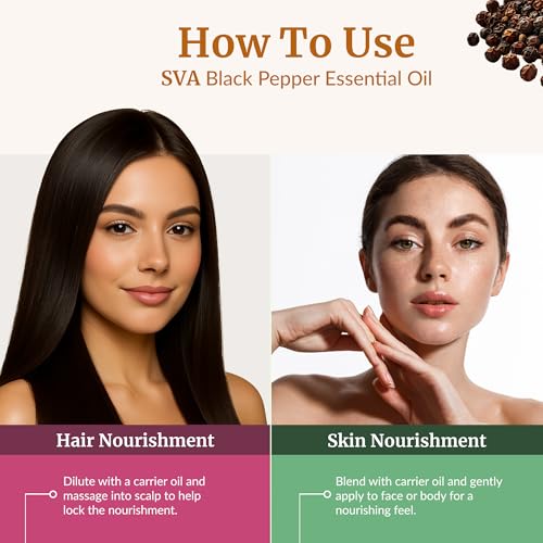 Image of SVA Black Pepper Essential Oil 4 Fl Oz - for Diffuser, Skin & Hair Care - Ideal for Massage & DIY Blends - with Dropper