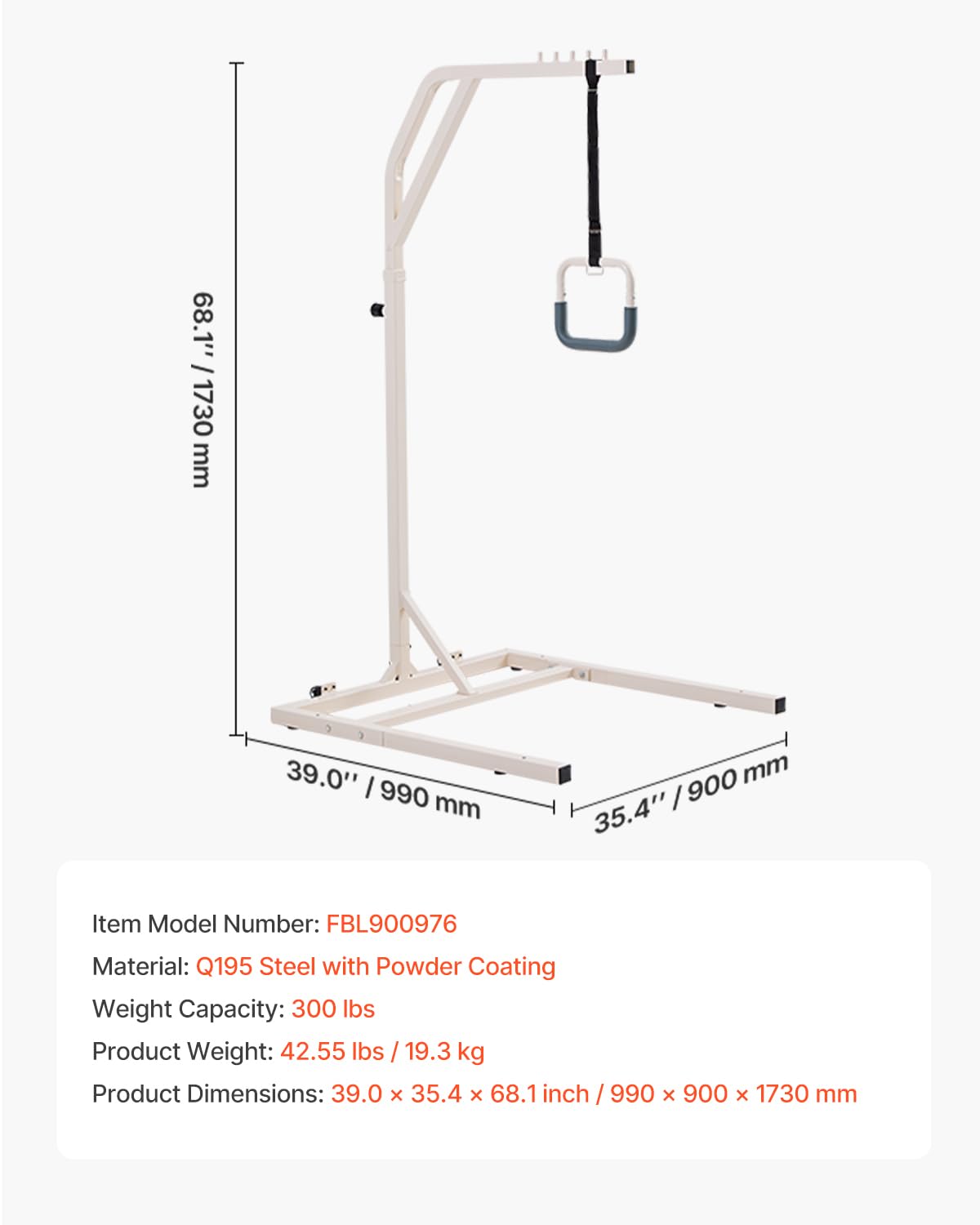 VEVOR Barra Trapezio da Letto con 2 Ruote, Barra Trapezio Autoportante Regolabile in Altezza, Facile da Installare, per Anziani Disabili, Ideale per Ospedale, Casa di Cura e Assistenza Domiciliare