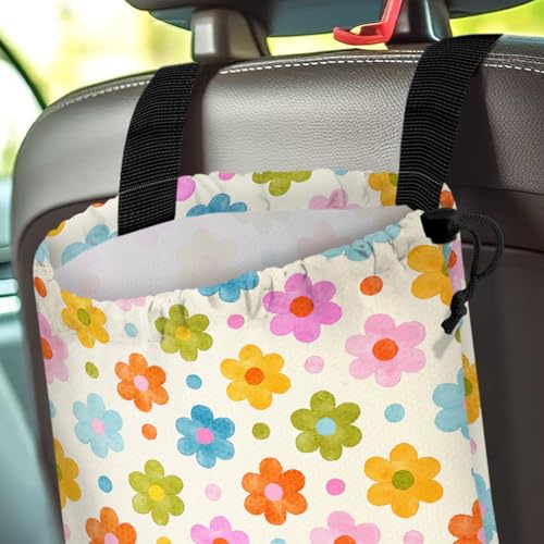 Image of Car Trash Bag Hanging Back of Seat Waterproof Small Cute Printed One-Handed Strap Drawstring Garbage Bags for Car-Flower