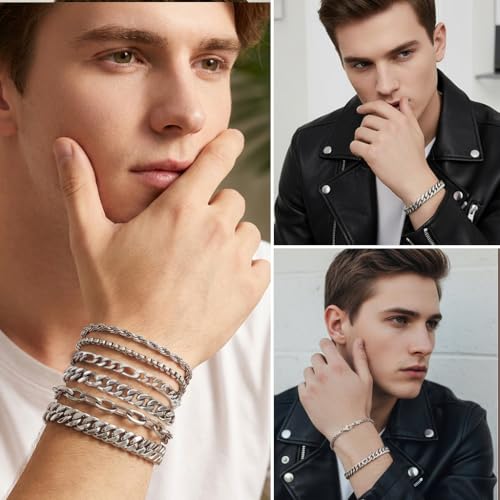 Image of SANNIDHI 6Pcs Bracelet for Man Women Silver Stainless Steel Cuban Link Men Bracelet Metal Rope Paperclip Stackable Bracelets Set Birthday Valentine's Day Gifts for Men