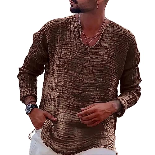 Men's Vintage Linen Raw Edge Plain Long Sleeve Shirts Casual Crewneck Beach Hippie Yoga Shirts