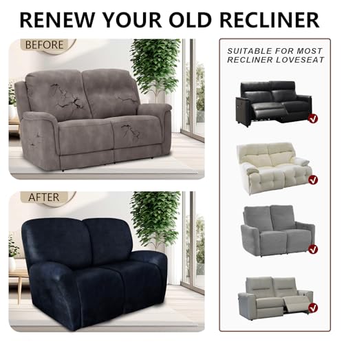Image of ANARACHON Loveseat Recliner Cover Leather Look Recliner Loveseat Covers Recliner Sofa Cover for 2 Seater Reclining Couch Spandex Fabric Washable 6 Pieces (2 Seater, 02 Navy)