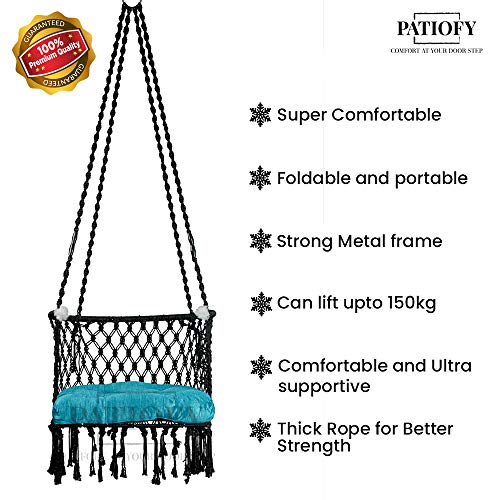 Image of Patiofy Made in India Premium Cotton C-Swing Chair for Adults, Kids Hammock-Hanging Chair Swing with Blue Color Cushion and Accessories (Black-Blue)