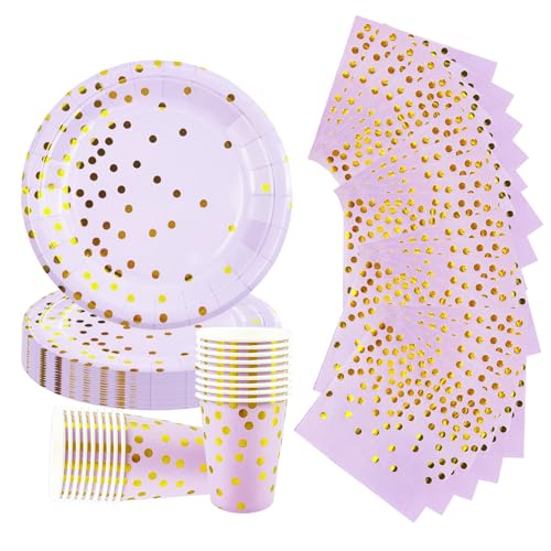 52P Purple and Gold Foil Polka Dots Tableware for Her Girls Women Purple Gold Dots Party Plates Paper Cups and Napkins Sparkling Golden Dots Dinnerware Sets for Birthday Wedding Baby Shower Tableware