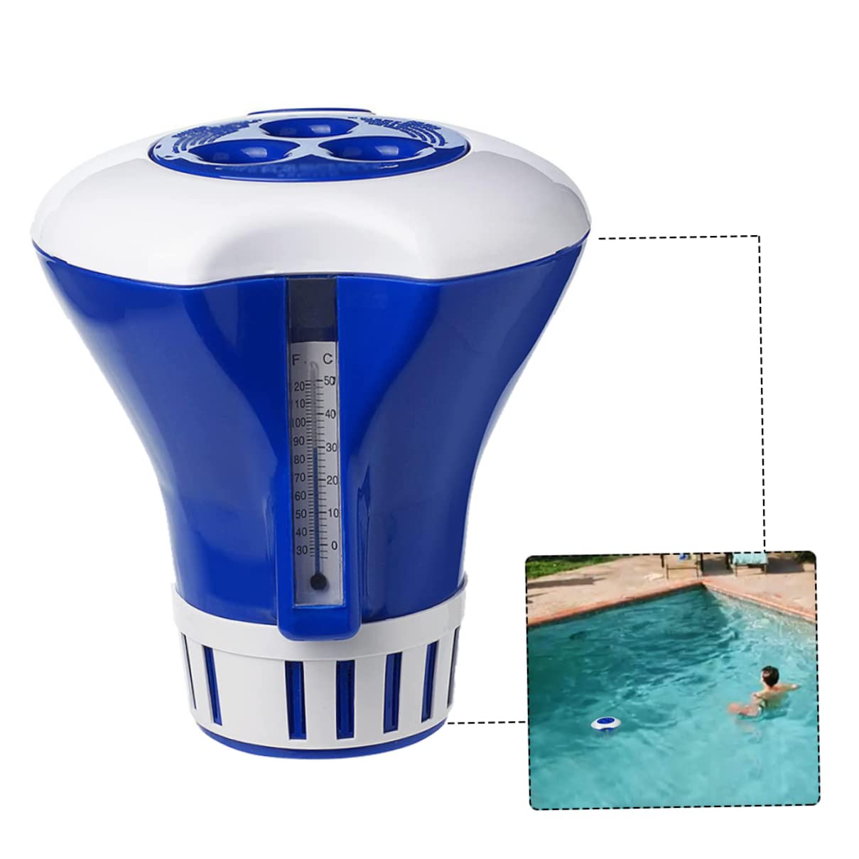 MILEVO Thermomètre à Eau Flottant Distributeur de Chlore de Piscine thermomètre dérive Support de comprimés de Brome for Spa de Natation Bain à remous