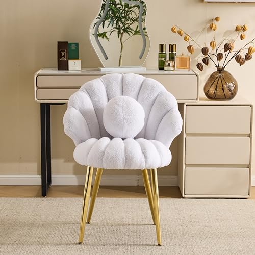 VINGLI Shell Teddy Fleece Vanity Chair with Pearl Pillow