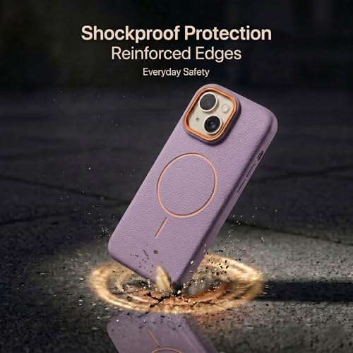 Image of amazon basics Luxury MagSafe Compatible Leather Texture Back Cover for iPhone 13 | Raised Camera Protection | Slim Fit Shockproof Case with Metallic Accents (Purple)