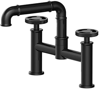 IUYJVR Robinets de Cuisine Mélangeurs Mélangeur Froid et Chaud monté sur Le Pont à 2 Trous Double Volant Style Industriel Vintage Bassin en Laiton pivotant à 360 ° Robinet Noir avec raccords standa