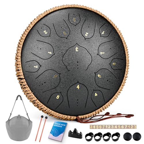 Steel Tongue Drum - 15 Notes Steel Drum - 14 Inch Handpan Drum Instrument with Music Book,Tongue Drums Instrument Mallets and Carry Bag, D Major Black