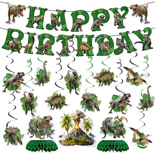 Dinosaur Birthday Decorations Set Dinosaur Party Decorations with Happy Birthday Banner Dino Hanging Swirls Table Centerpieces & 3D Honeycomb Display