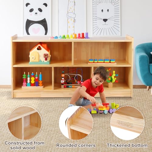 Montessori Shelf, 47-1/4" L Toy Shelf, Toy Storage Organizer with 2-Layer Bookshelf, 5-Section Wooden Storage Cabinet, Bookshelf for Kids Rooms, Playroom, School, Nursery - Image 4