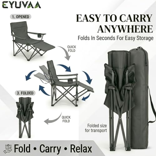 Image of EYUVAA LABEL Folding Reclining Camping Chair with Footrest, Portable Outdoor Lounge Chair with Cup Holder & Side Pocket, Heavy Duty Steel Frame, Foldable Fishing Beach Garden Chair (Multicolour)