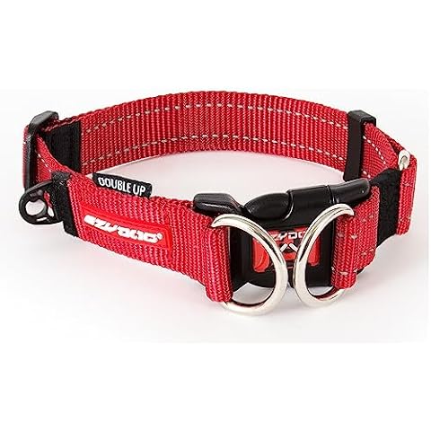 EzyDog Double Up Premium Nylon Dog Collar with Reflective Stitching - Double D-Rings for Superior Strength, Safety, and Comfortability - Non-Rusting and Includes an ID Attachment (Large, Red) Cover