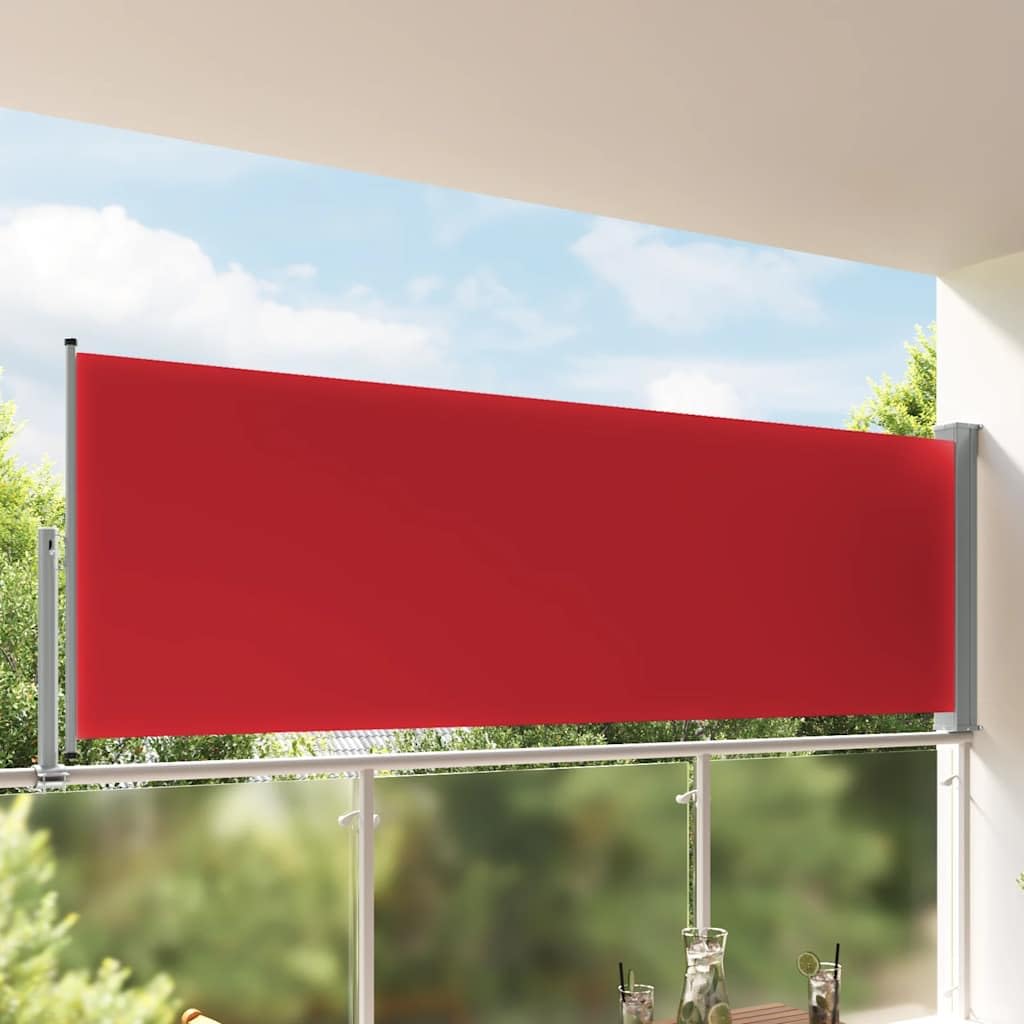 Store latéral rouge extensible pour stopper le vis-à-vis et le vent sur le balcon