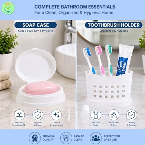 Image of Heavy Duty Virgin Plastic Large Capacity 20L Bucket, 5L Bucket, Stool,22L Deep Tub, Dustbin,1.5L Mug,1L Mug, Soap Case, Dustpan, Tooth Brush Stand Bathroom Set(K.White-Blue) - 10 Pieces