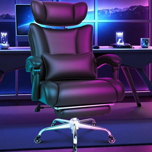 BASETBL Black Gaming Chair Big Tall Heavy Duty 440lbs 200kg Office Chair, Extra Wide PU Leather Ergonomic Executive Computer Desk Chair with Adjustable Headrest Footrest Lumbar Support Rubber Casters