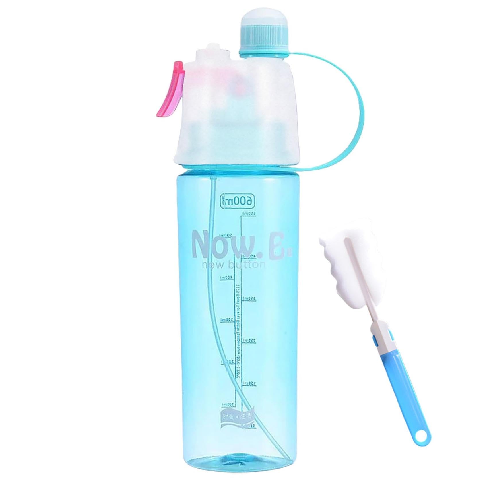 600ml Spray Water Bottle, Mist Function Cycling Water Bottles with Straw, Leak-Proof Hydration Drinking Bottles with Cleaning Brush, Portable Misting Sports Bottle for Outdoor Hiking Fitness (Blue)