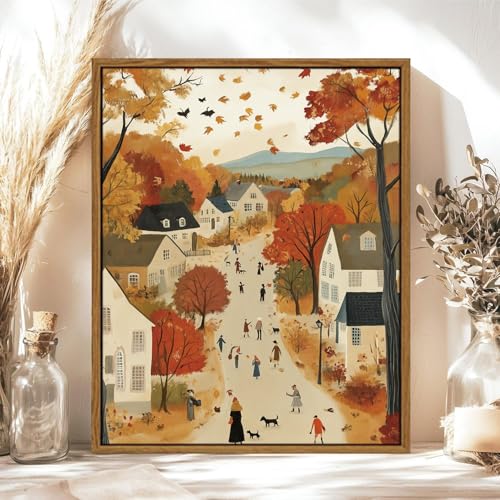 Image of KISSFOX Framed Wall Art Vintage Wall Decor Fall Landscape Pictures Cottage Scenery Canvas Art Farmhouse Countryside Paintings Artwork For Bedroom Kitchen Living Room