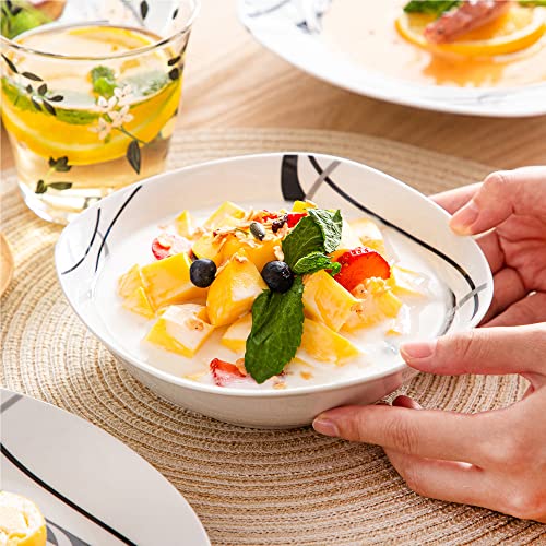 Veweet, Series Fiona, 24-Piece Ivory White Square Porcelain Ceramic Dinnerware Set With Black And Gray Stripes, Including Bowls, Dessert Plates, Soup Plates, Dinner Plates, Service For 6 #TOP6