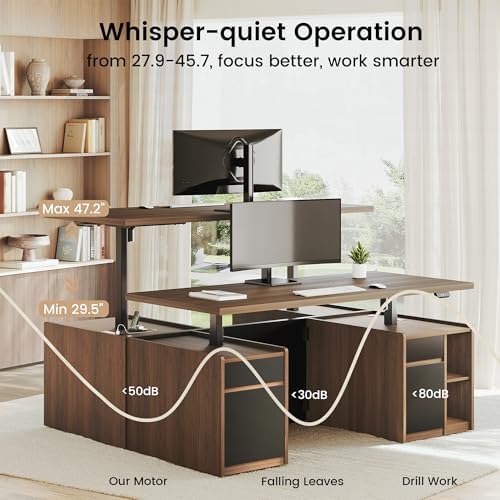 Executive Standing Desk with Drawers & Storage, 71'' Adjustable Electric Stand Up Wood Desk with Privacy Panel, AC/USB, File Cabinet, Large One-Piece Destop for Home Office, Black Walnut - Thumbnail 4