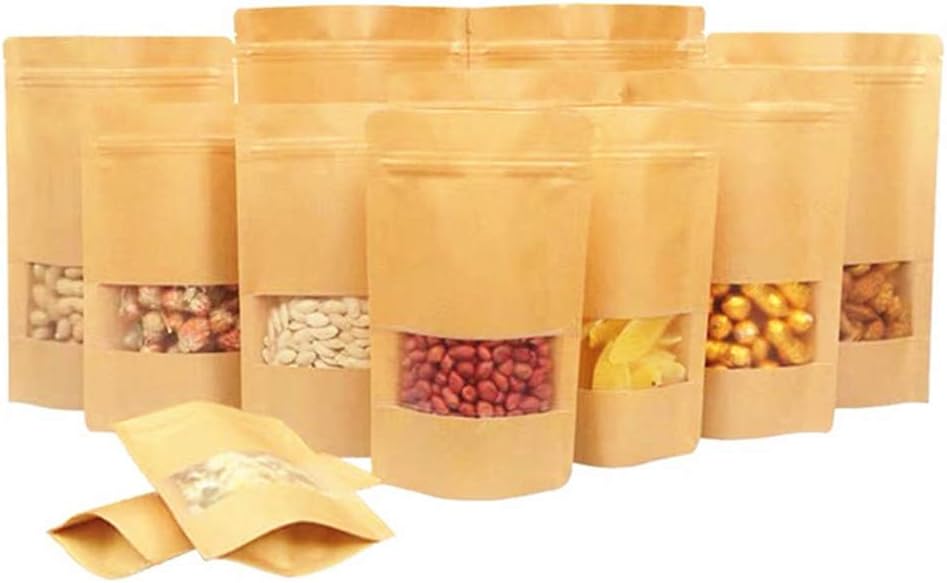 Kraft Paper Bags With Frosted Window And Zip Lock Decorative Heavy Duty Heat Seal Recycled Resealable Mylar Stand Up Pouches Bags Sealable For DIY Food Snack Cookies Candy Coffee Popcorn (6x9+3.2inch)
