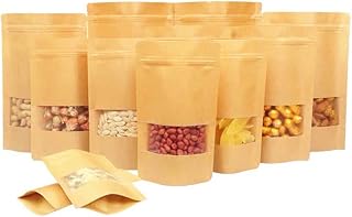 Kraft Paper Bags With Matt Window And Zip Lock Decorative Brown Heavy Duty Heat Seal Recycled Resealable Mylar Stand Up Pouches Bags Sealable For DIY Food Snack Cookies Candy Coffee (4x6+2.4inch)