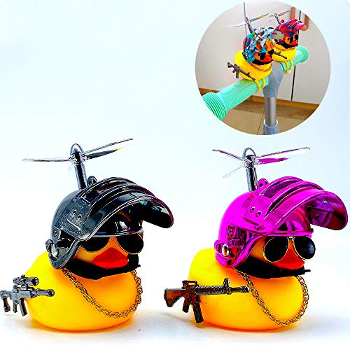 None branded Bicycle Accessories Car Trim Suit LED Lights Cool Glasses Duck with Propeller Helmet (2 Pack) Cool car Decoration Man Woman Children's Rubber Duck Fun Toy (Shiny Pink+Shiny Gray)