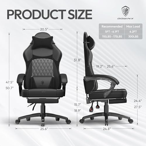 Dowinx Gaming Chair for Adults, Ergonomic Gaming Chairs with Footrest & Linkage Armrests,Game Chair mit Massagefunktion, Breathable Soft Leather Gamer Chair,Adjustable 90°–145°Recline,Black - Image 4