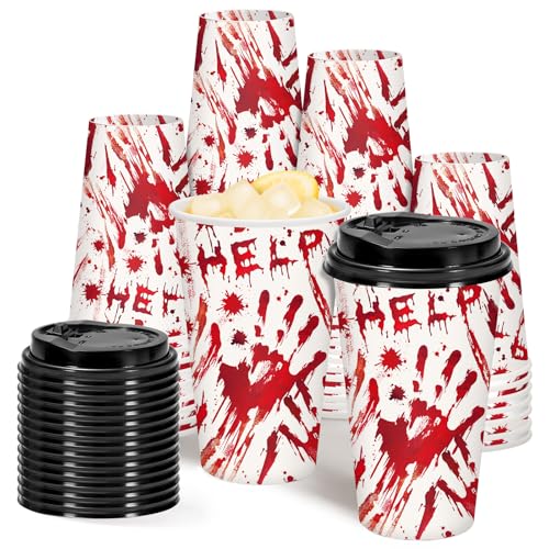JarThenaAMCS 50Pcs Halloween Coffee Cups 16 Oz Bloody Handprint Paper Cup with Lid Disposable Drinking Cups for Hot Cold Drink Party Supplies