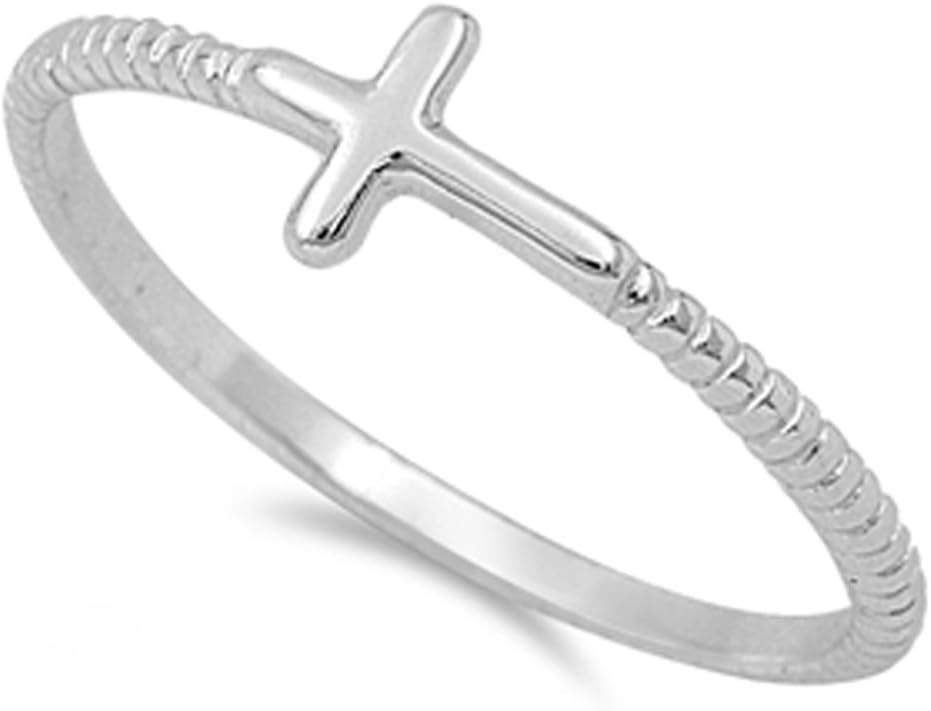 Christian Sideways Cross Ring New .925 Sterling Silver Rope Band Sizes 2-13