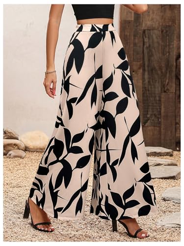WDIRARA Women's Floral Print Boho Pants Elastic High Waist Wide Leg Loose Trousers3