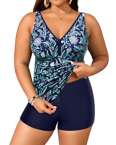 Yonique Womens Plus Size Swimsuits with Shorts Tummy Control Tankini Two Piece Bathing Suits Athletic Swimwear