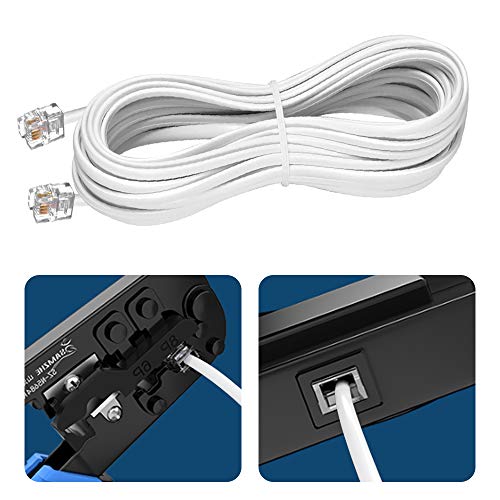 ohCome Telephone Extension Cord 25 Feet Phone Cable with Standard RJ11 Plug, with 1 in-Line Couplers and 20 Cable Clip Holders - White