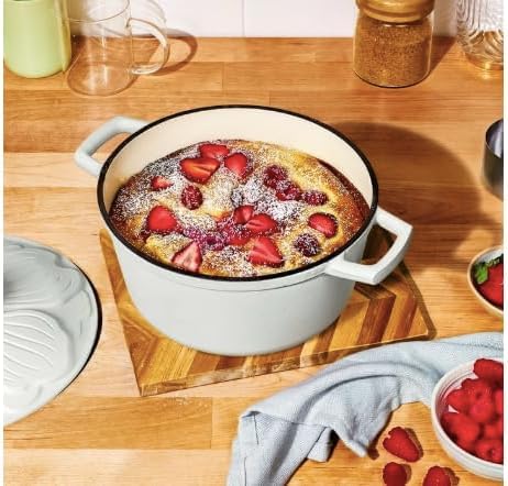 4QT Cast Iron Dutch Oven with Petal Lid – Oven Safe to 500°F, Gold Knob, Induction Ready – by Drew Barrymore (White)
