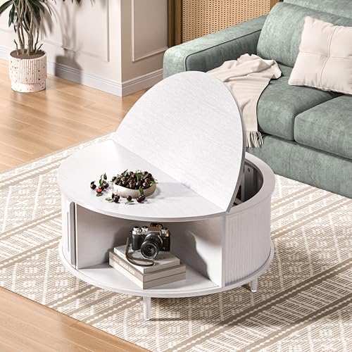 Image of Round Coffee Table, 31.5 inch Fluted Center Table with Storage, Lift-Top Coffee Table with Adjustable Footpads, Sliding Door, Mid-Century Modern Center Table for Living Room, Small Space (Pure White)