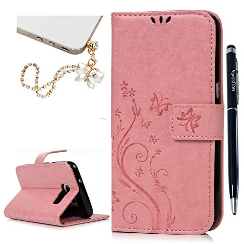 Mavis's Diary Galaxy S7 Edge Wallet Case Fashion Floral Butterfly Embossed PU Leather Magnetic Flip Cover Card Holders & Hand Strap for Samsung Galaxy S7 Edge with Bling Dust Plug & Pen (Pink)