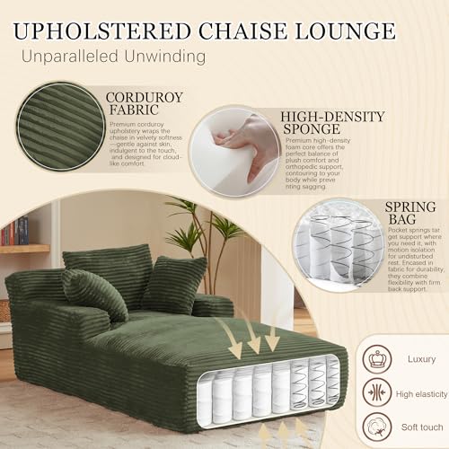Image of 80 Inch Chaise Lounge Chair Indoor, Oversized Corduroy Upholstered Boneless Sofa Bed, Deep Seat Sleeper Couch Reading Chairs, Cloud Sofas Couches for Living Room, No Assembly Required (Olive Green)