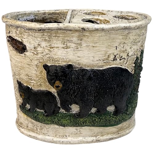 Rustic Black Bear and Cub Toothbrush and Toothpaste Holder – Lodge Bathroom Organizer Made of Durable Resin – Wildlife Cabin Decor with Divided Compartments