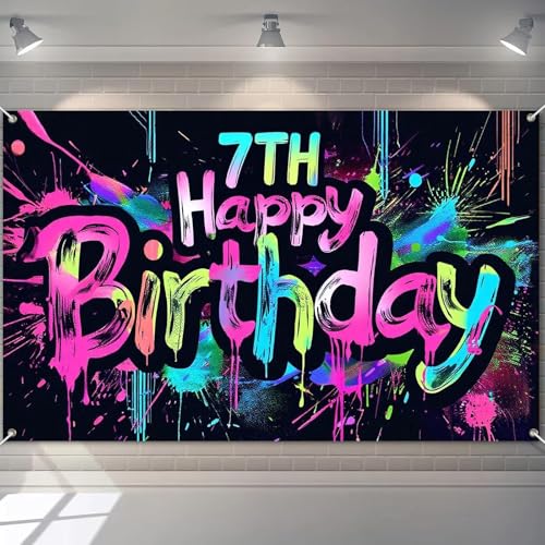 Image of HOMETITUTE Neon 7th Happy Birthday Banner 71x43 Inch Paint Splatter Glow in The Dark Party Backdrop Colorful Wall Decor for Kids Boys Girls Seventh Birthday Celebrations Photo Booth Props Event