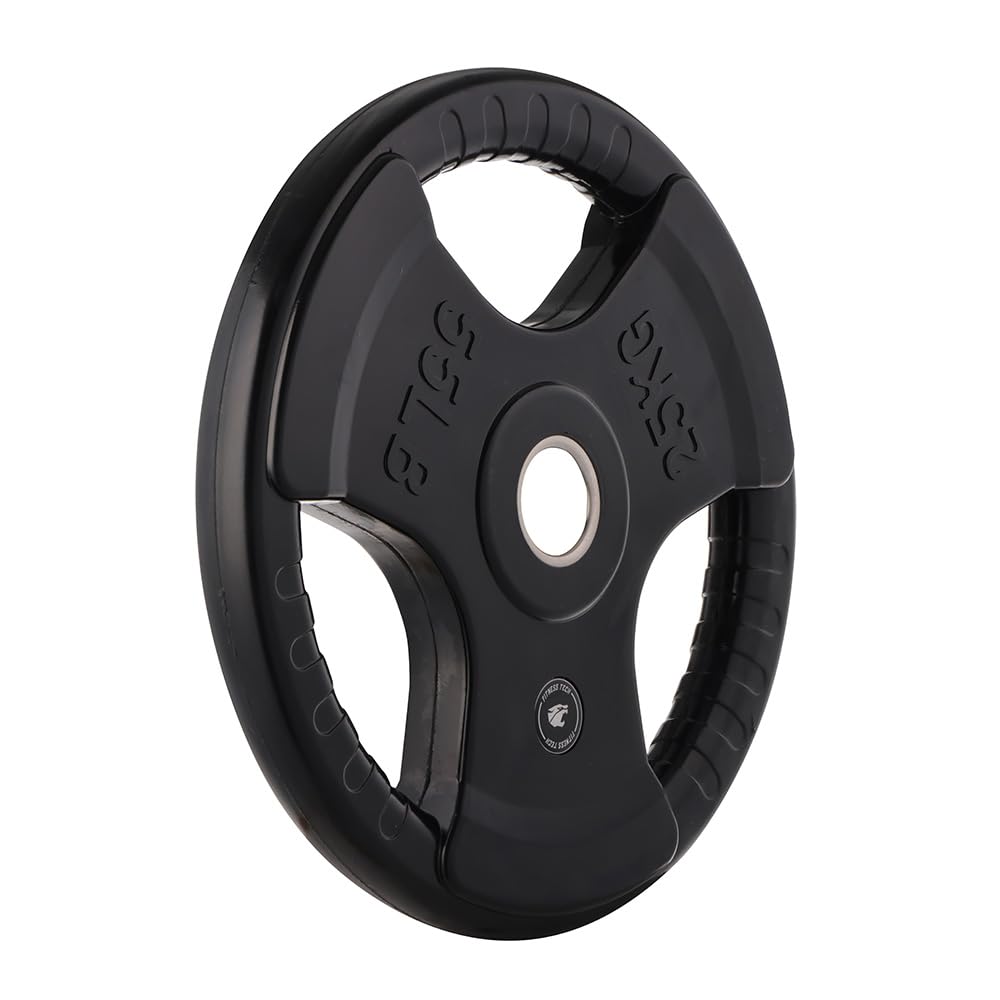 Discos Olímpicos de Goma Triple Agarre Fitness Tech | Set de 2 Discos con Casquillo de Hierro | Diámetro 50 mm | Pesos de 2,5 a 25 kg | Antigolpes y Ergonómicos (25, Kilogramos)