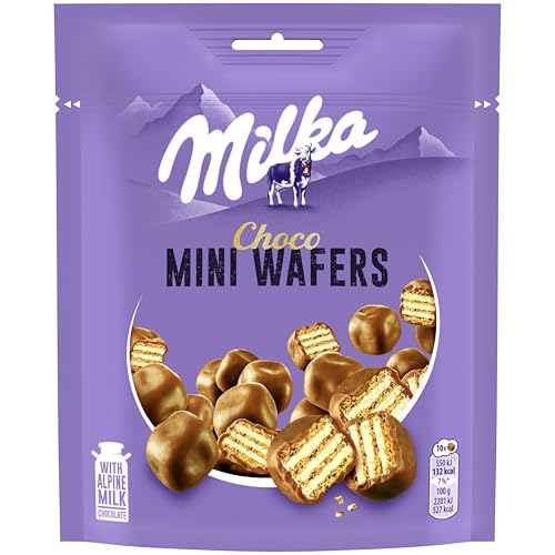 Milka Mini Wafers Galletas Barquillo con Relleno Cremoso y Cubierto de Chocolate con Leche de los Alpes 110g - Pack de 8