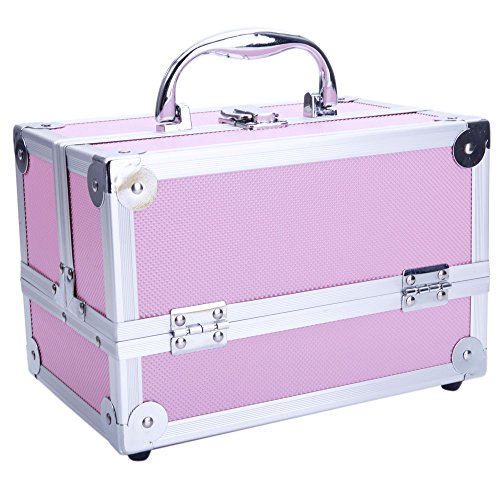Aluminum Cosmetic Train Case, Makeup Organizer with Mirror, 9x6x6in, Pink