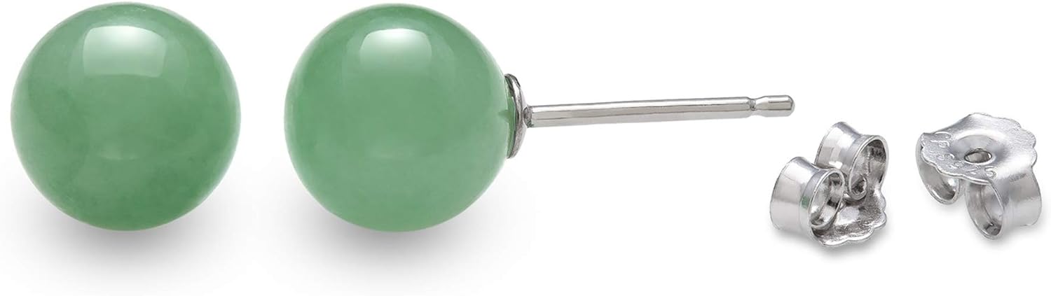 Belacqua Round Natural Green Jade,Blue Milky Aquamarine,Rose Quartz or Black Onyx Stud Earrings in Sterling Silver, Gemstone Size - 6mm to 10 mm, Jewelry for Women, Gift Box Included